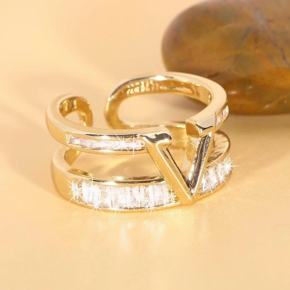 Elegant Luxe Gold Plated V Ring Zircon Adjustable Cocktail Ring
